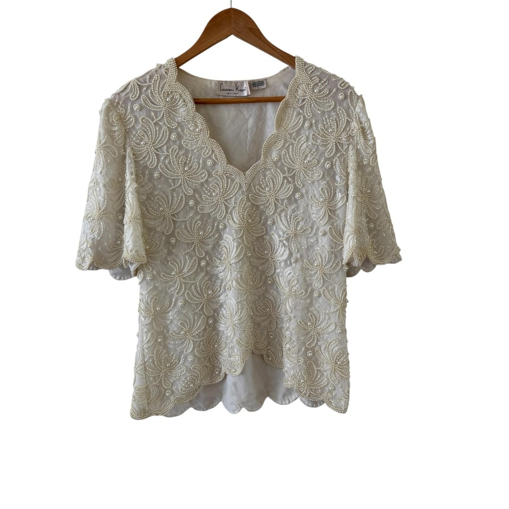 Vintage Laurence Kazar Beaded Lace Top Womens L White Pearl Bridal Formal Glam
